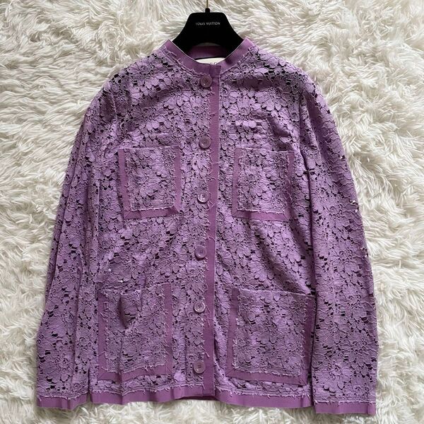 極美品 GUCCI グッチ ノーカラージャケット カーディガン レース 花柄 パープル サイズS相当 長袖