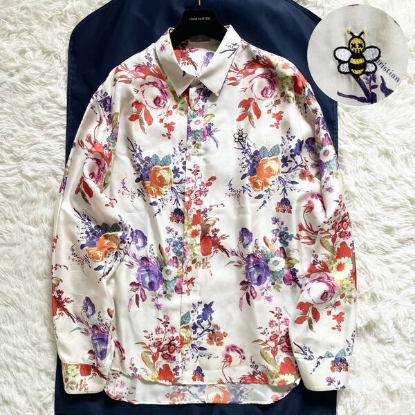 美品 DIOR HOMME ディオールオム シャツ カウズコラボ 花柄 シルク100% サイズL ベージュ キムジョーンズ