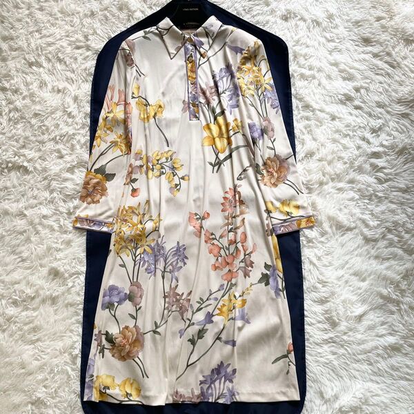 極美品 LEONARD レオナール カンカン素材 マキシ丈 シャツワンピース 花柄 トリム サイズL ベージュ