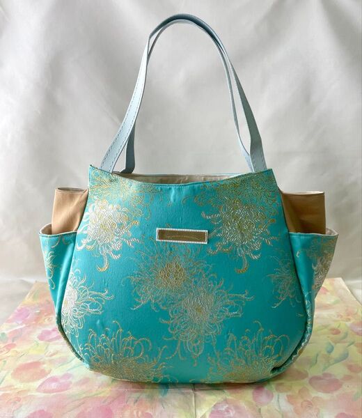 【美品】大きなお花 チューリップバッグ 爽やかターコイズブルー ハンドメイド 鞄 グラニーバッグ