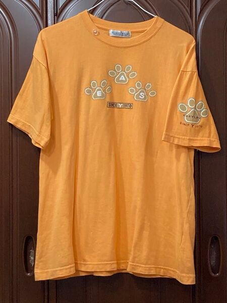 肉球 プリント半袖 コットン Tシャツ オレンジ 男女 M〜L
