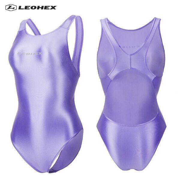 LEOHEX 超光沢 超つるつる ハイレグ レオタード 競泳水着 ライトパープル Mサイズ