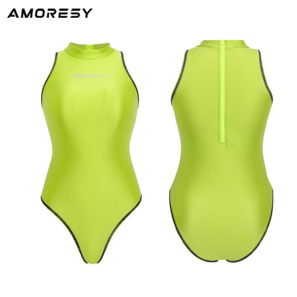 AMORESY ハイネック 競泳水着 背中ファスナー レオタード セクシー水着 コスプレ衣装 グリーン XXXLサイズ
