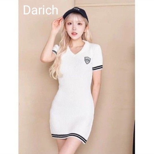 美品 ダーリッチ ホワイトニットミニワンピース 半袖 Vネック ゴルフ F 白 ニットワンピース 可愛い ゴルフ デート