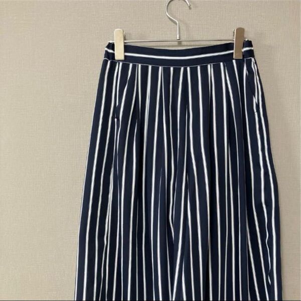ストライプワイドパンツ(M)ネイビー& ホワイト ウエストゴム 涼しいラクチン