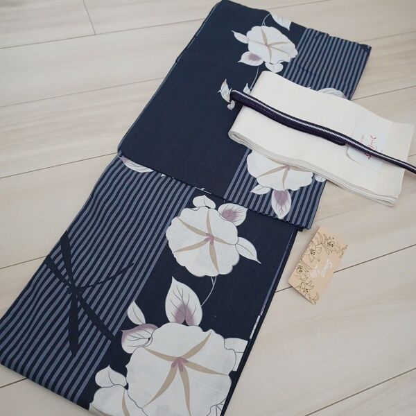 新品 呉服屋 大人上品な朝顔トンボ 夏着物 浴衣3点セット