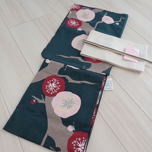 新品 呉服屋!大人上品なモスグリーン梅 夏着物 浴衣3点セット