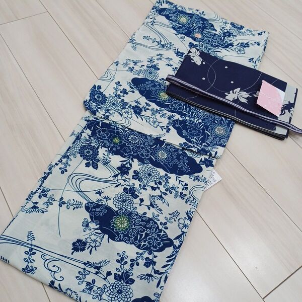 新品☆呉服屋♪吸水速乾・大人清楚な古典花 夏着物 浴衣3点セット