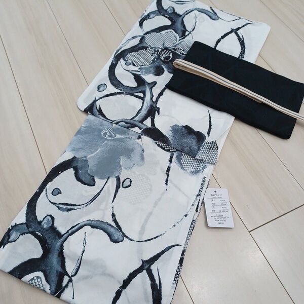 新品☆呉服屋♪粋モダン・墨絵風椿 大人上品な夏着物 浴衣3点セット