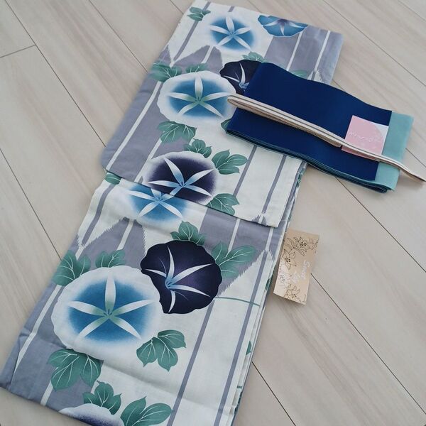 新品 呉服屋 大人上品な朝顔 夏着物 浴衣3点セット