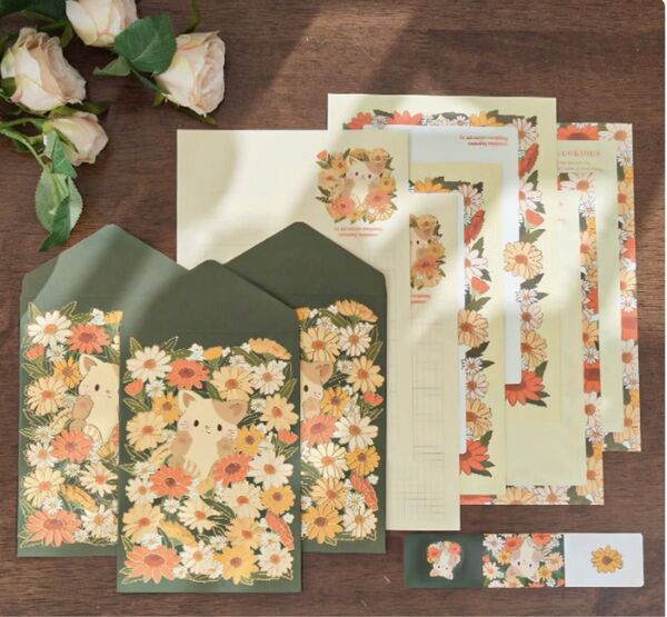 レターセット シール付き 封筒 手紙 かわいい 上品 華やか ギフト プレゼント 花柄 動物柄 大人気 紙モノ 猫