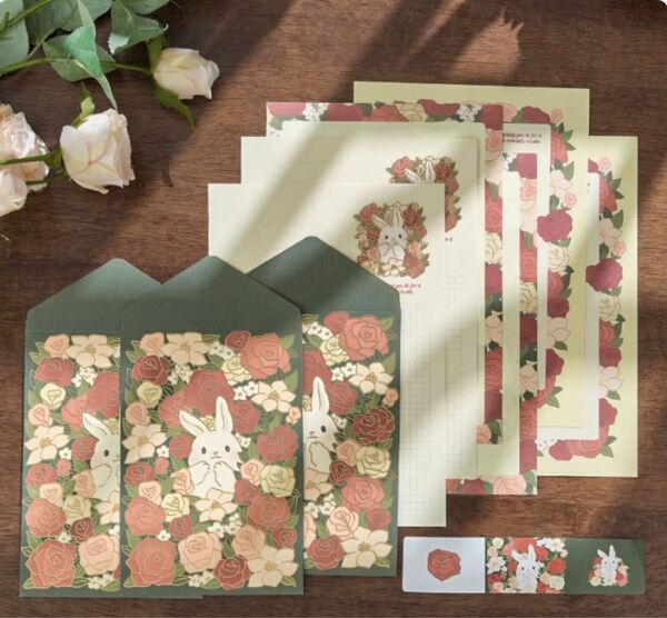 レターセット シール付き 封筒 手紙 かわいい 上品 華やか ギフト プレゼント 花柄 動物柄 大人気 紙モノ うさぎ