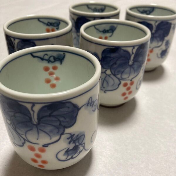 新品未使用 湯飲み 5個セット 青い葉とオレンジの実 平成ぶどう 軽量湯呑み湯呑み茶碗 5客セット