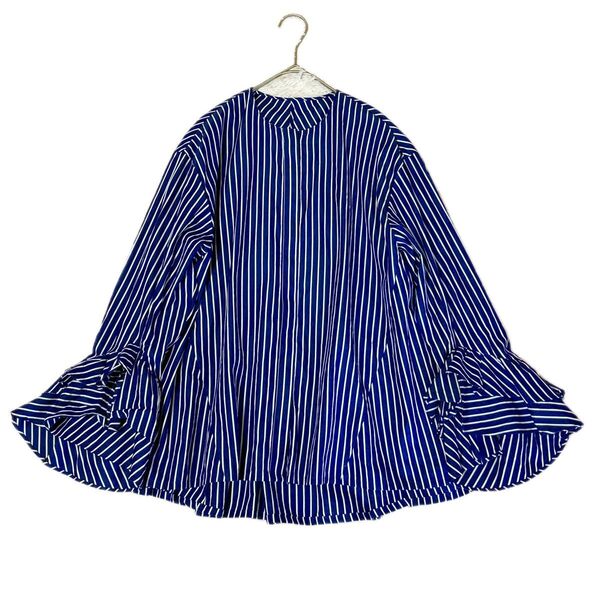 美品 イエナ IENA シャツ ブラウス 羽織り ノーカラー ストライプ フリルスリーブ 比翼仕立て ゆったり 紺 白 F