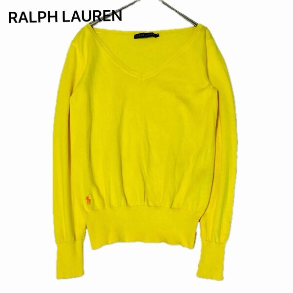 美品 ラルフローレン RALPH LAUREN コットンニット セーター Vネック ポニーロゴ イエロー 黄色 M 薄手 綿