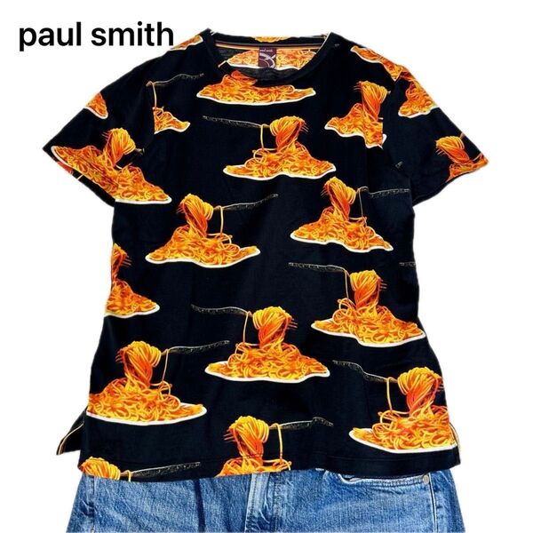 美品 ポールスミス paul smith スパゲッティプリント 半袖 Tシャツ 総柄 コットン 黒 M 日本製 男女兼用 コットン