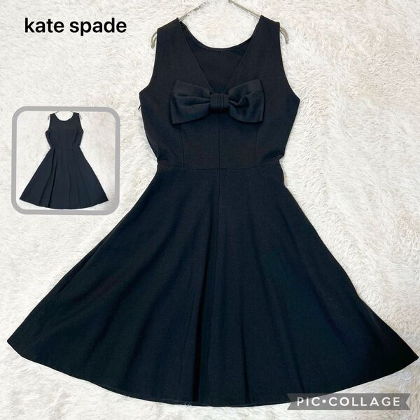 ケイトスペード ニューヨーク kate spade バックリボンドレス ワンピース ノースリーブ 黒 4 L ジャージ ストレッチ