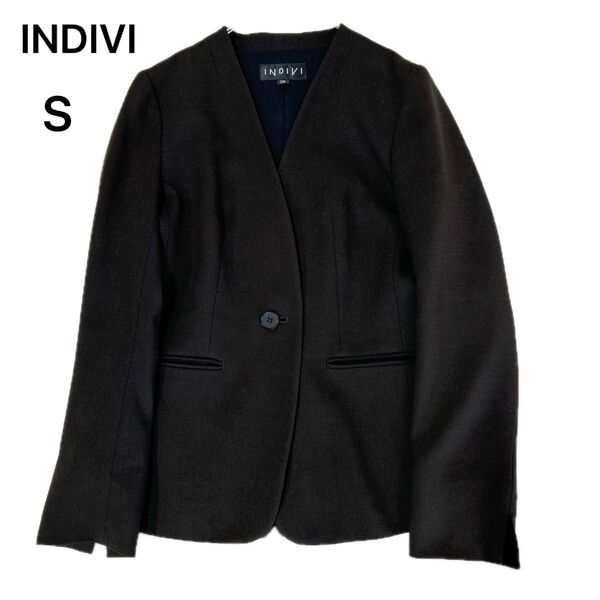 インディヴィ INDIVI テーラードジャケット ノーカラーVネック 黒 ブラック S ウォッシャブル 通勤 フォーマル 冠婚葬祭