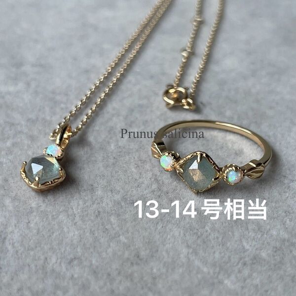 【セット】菱形アマゾナイトとオパール石 ネックレス&リング ペンダント 古典的 アクセサリー