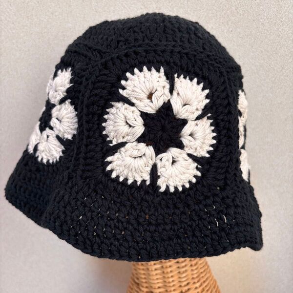 ハンドメイド ニット帽 ビーニー バケハ クロシェハット コットン 綿100