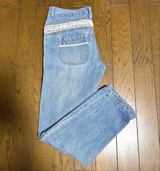 デニムパンツ 白レースストレッチ ライトブルー系 サイズM
