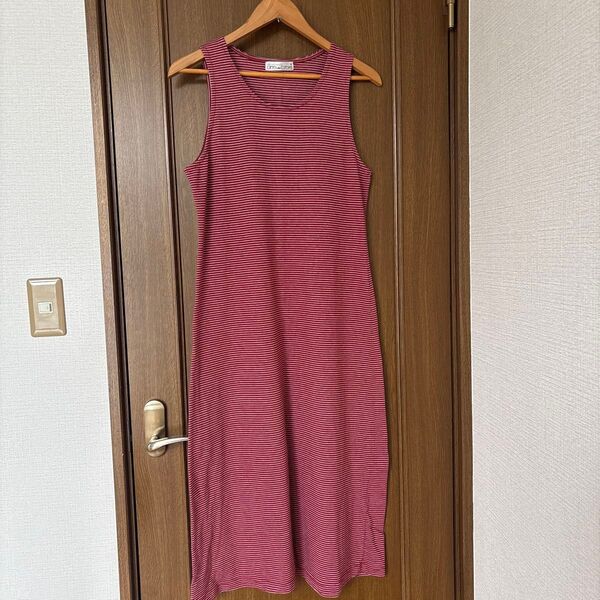 ノースリーブ ワンピース ルームウェア ボーダー 赤 ロング ノースリーブワンピース