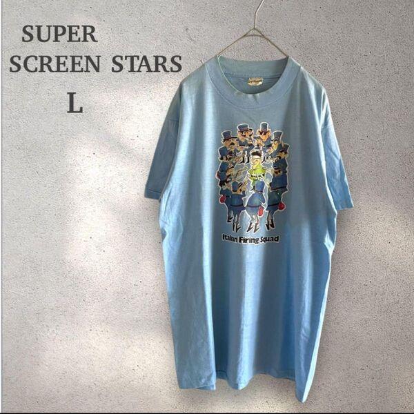 SUPER SCREEN STARS Italian Firing Squad Tシャツ L 水色 風刺画イラスト イタリア 古着