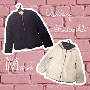 【 Mサイズ 】フード リバーシブル ブルゾン キルト ボア ネイビー アイボリー 2way アウター