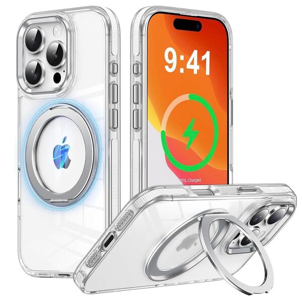 iPhone 16 Pro スマホ ケース 回転スタンド リング マグネット搭載 MagSafe ワイアレス充電 クリア ホワイト