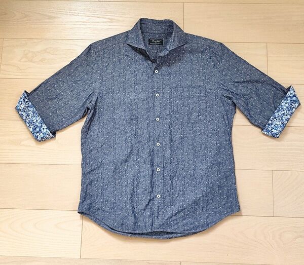 メンズビギ Men’s Bigi 七分袖 小花柄 麻混 イタリアンカラー シャツ サイズM