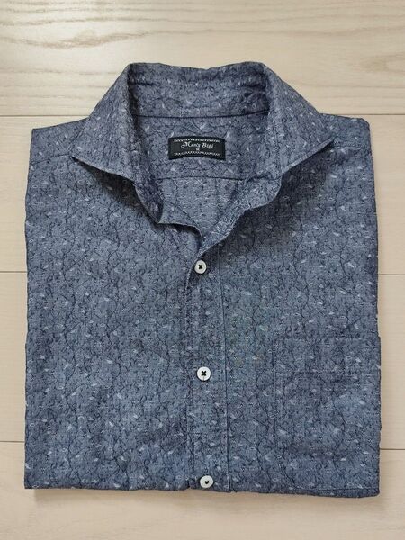 メンズビギ Men’s Bigi 七分袖 小花柄 麻混 イタリアンカラー シャツ サイズM