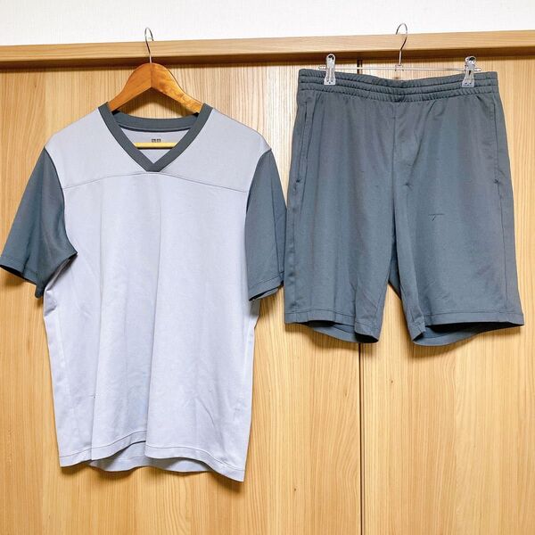 UNIQLO メンズ Lサイズ グレー 2点セット エアリズム パジャマ 部屋着 上下セット