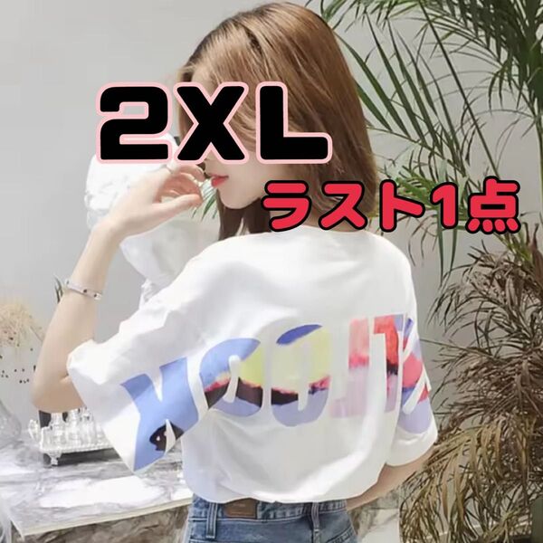 【ラスト1点】バックプリント 半袖 Tシャツ 白 ホワイト 新品 韓国 レディース 英字ロゴ ゆったり オーバーサイズ 2XL