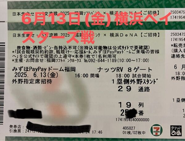 6月12日(金)ホークス×横浜D e NA戦 外野指定席2枚 通路側から2連席