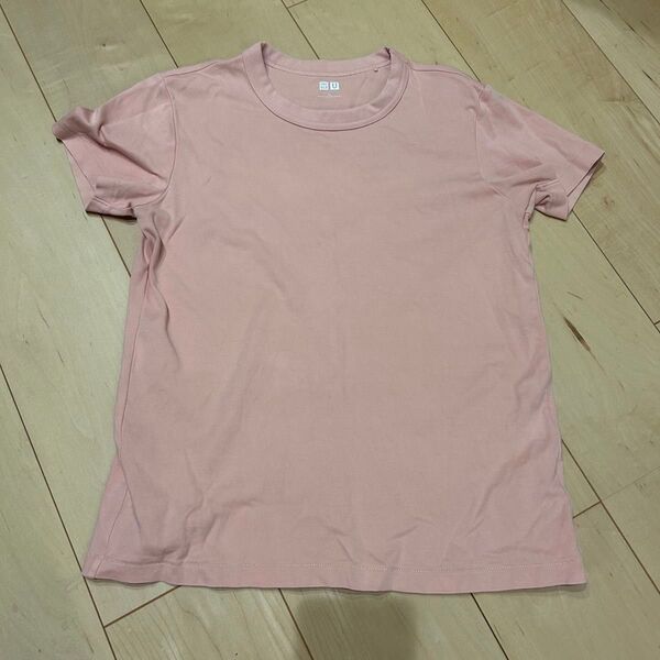 ユニクロ コットン クルーネック Tシャツ 半袖 ライトオレンジ 無地 シンプル