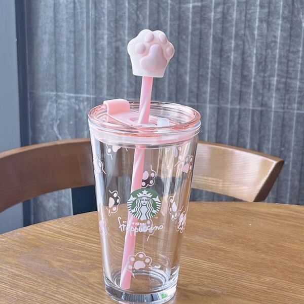 【新品未使用】スターバックス 桜色ピンク猫足跡 ガラスコップ ストロータンブラー STARBUCKS スタバ さくら