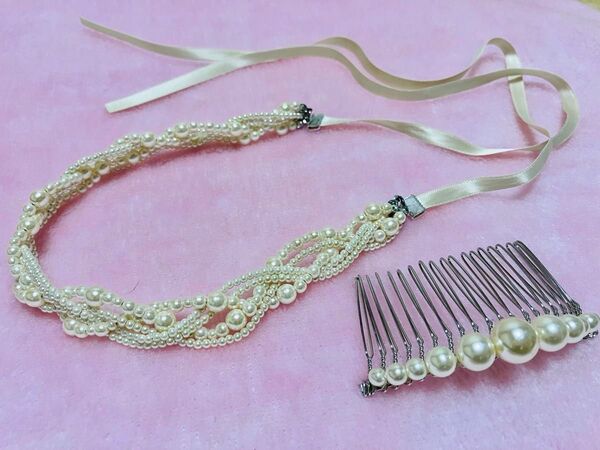 パール風ヘアアクセサリー2点セット 髪飾り ヘアコーム ヘアバンド 結婚式 成人式 七五三 発表会 バレエ ダンス 洋装 和装