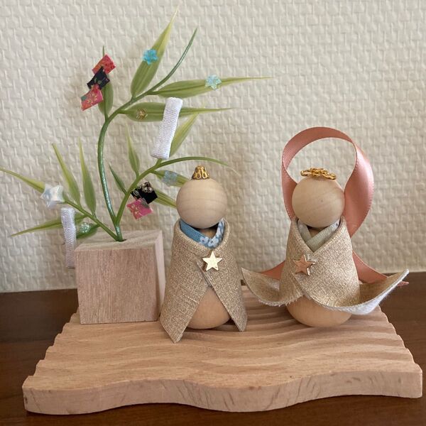 七夕 七夕飾り 織姫彦星 7月 木製 ウッド ハンドメイド 置物