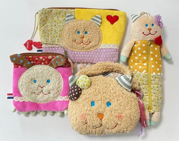 【未使用品】猫顔 うさぎ顔 ポーチ ティッシュポーチ 4点セット Ribbon Lover