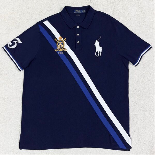 美品/POLO RALPH LAUREN/ポロラルフローレン ポロシャツ 刺繍ロゴ ビッグポニー ナンバリング 紺 ネイビー XL