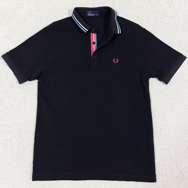 美品/FRED PERRY/フレッドペリー 半袖 鹿の子 ポロシャツ 刺繍ロゴ 刻印ボタン ブラック 黒 M