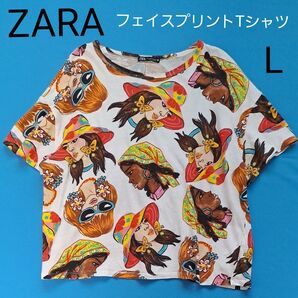 ZARA Tシャツ 半袖 L 総柄 プリント プルオーバー 顔 フェイス 女性 白 赤 ブラウン 水色 黒 レディース ザラ