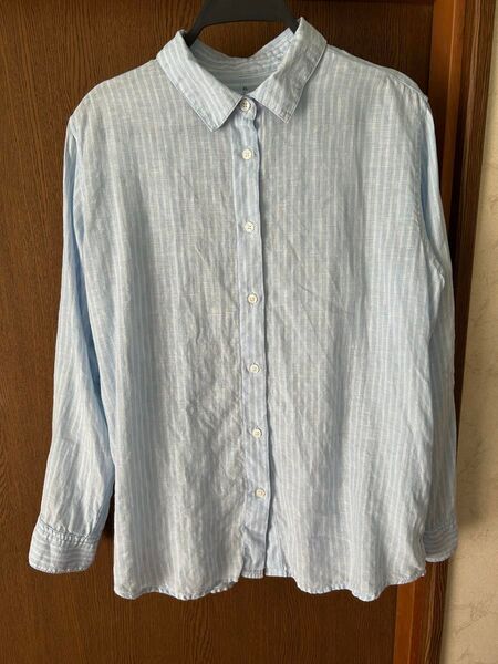 無印良品 リネン洗いざらしレギュラーカラー長袖シャツ XL ストライプシャツ