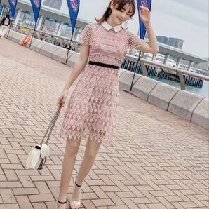 ワンピース ピンク フリル レディース Lサイズ 襟付き 透け感レース 半袖 ドレス