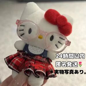 (タグなし)めがね キティ キーホルダー ストラップ ボールチェーン カラビナ付き 赤