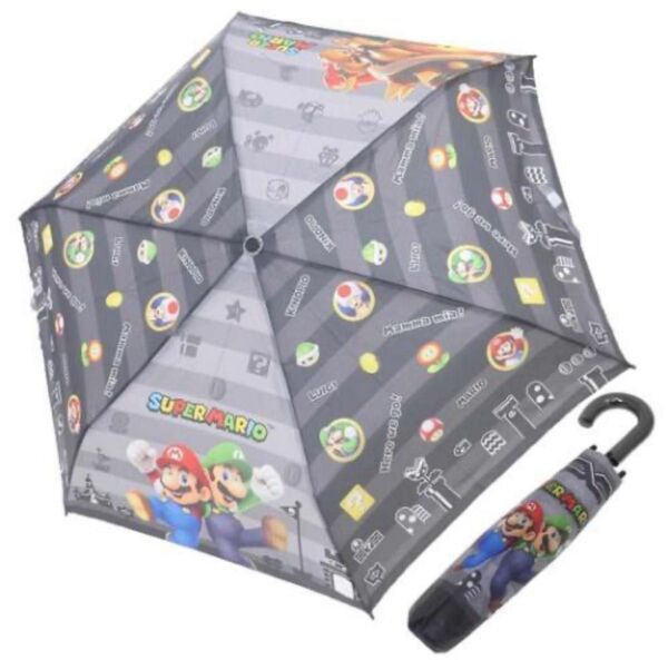未使用品 スーパーマリオ ボーダー柄 子供用 折りたたみ傘 53cm アンブレラ 雨傘 かさ
