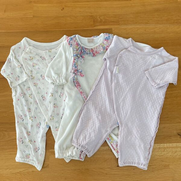 petit main プティマイン ベビー服 花柄衿フリル2WAYオール オーガニック 2WAYオール2P ロンパース 50-70