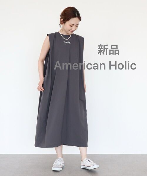 新品 定価4400 アメリカンホリック カジュアルレトロ ロゴノースリーブカットワンピース サマードレス リゾートコーデ ゆったり