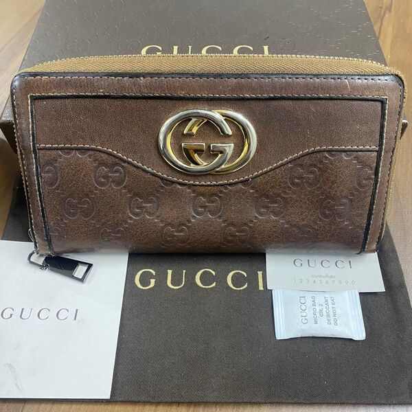 超美品! グッチ GUCCI 財布 長財布 シマレザー ラウンドファスナー
