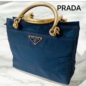 希少PRADA プラダ トートバッグ メタル 三角プレート ハンドバッグ ナイロン ゴールド金具 メタルハンドル